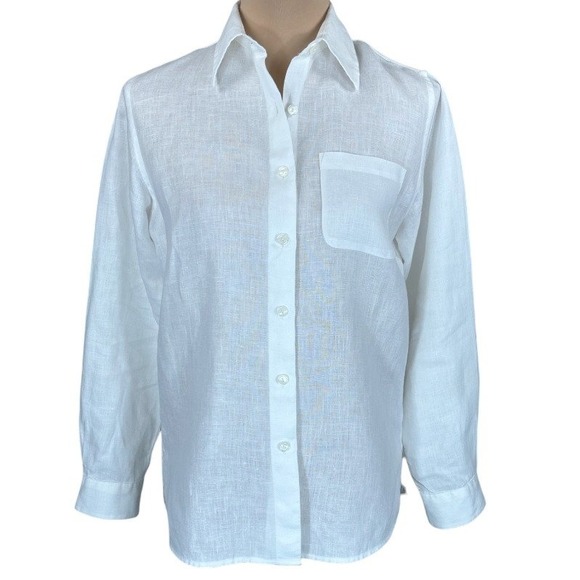 L.L.Bean White Linen Button Down Shirt Womens XS Long Sleeve Pocket Casual - Picture 1 of 11